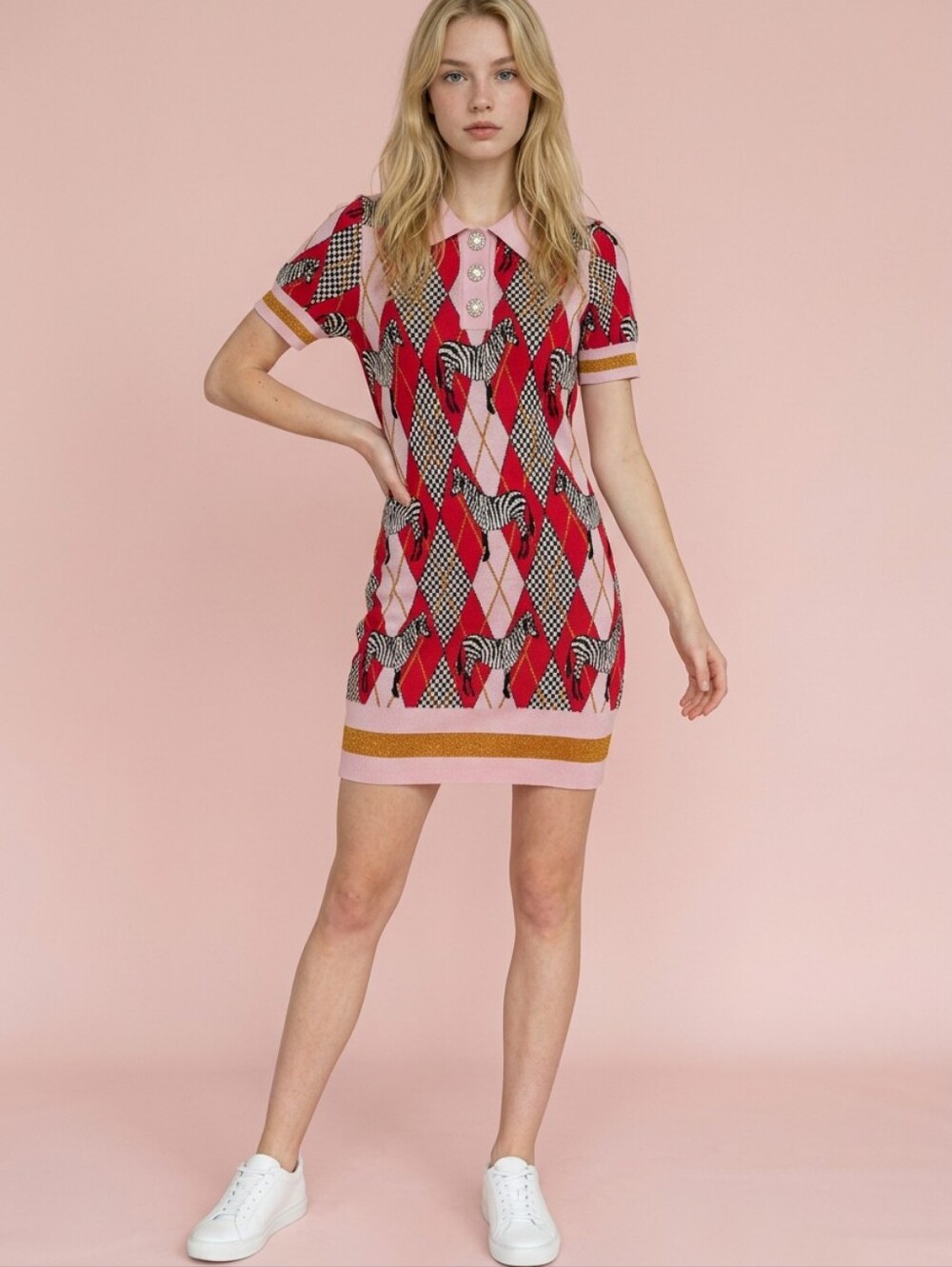 Anthropologie x Colin Locascio Zebra Argyle Mini Sweater Dress Pink & Red XS